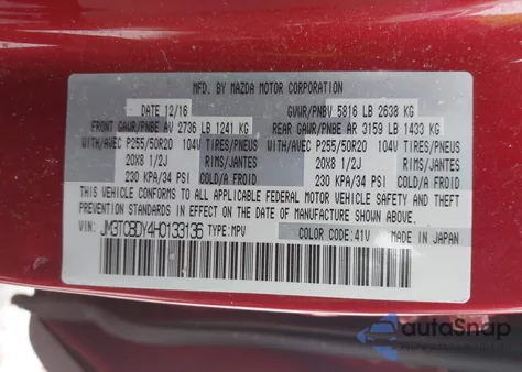 2017 Mazda Cx-9 Grand Touring from USA, damaged, VIN JM3TCBDY4H0133136